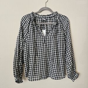Women's Black & White Gingham Peasant Blouse - Relaxed Long Sleeve Top